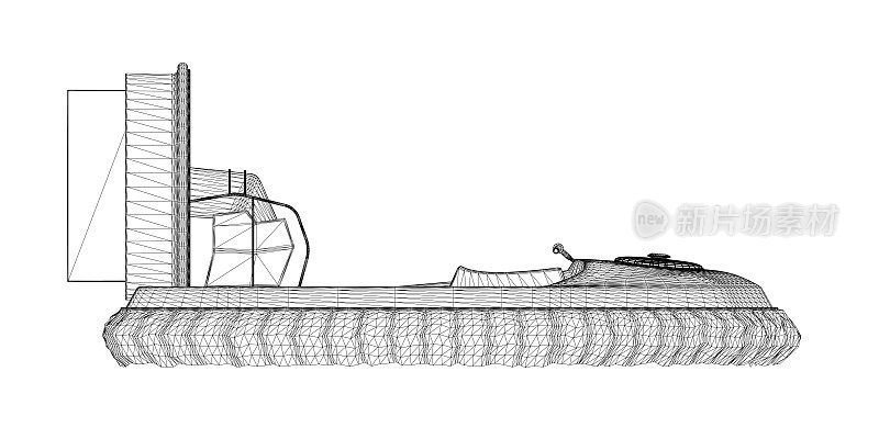 线框上的船枕头与螺旋桨从黑线孤立在白色背景。侧视图。3 d。矢量插图。